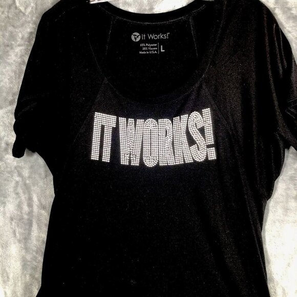 It Works Bling Women's T Shirt Black Studded Silver It Works Size L Shirt - Picture 3 of 10